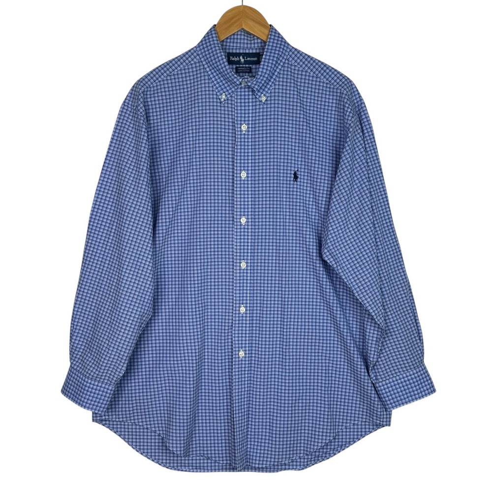 Ralph Lauren Mens Button Down Shirt Men 16 32/33 Blue Plaid Yarmouth Cotton Pony